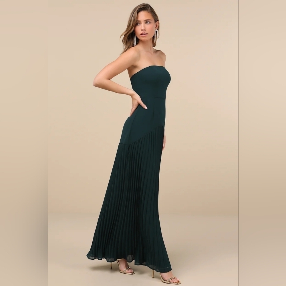 Lulus Celebratory Aesthetic Emerald Pleated Strapless Maxi Dress Wedding Party - Picture 3 of 8